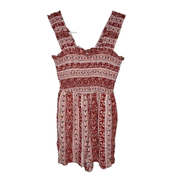 American Eagle Boho Ditsy Floral Smocked Romper Red Tan Size XS - Picture 1 of 5